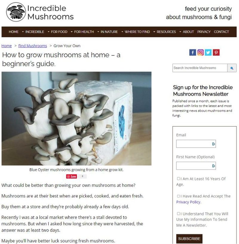 Screen shot of article on Incredible Mushrooms