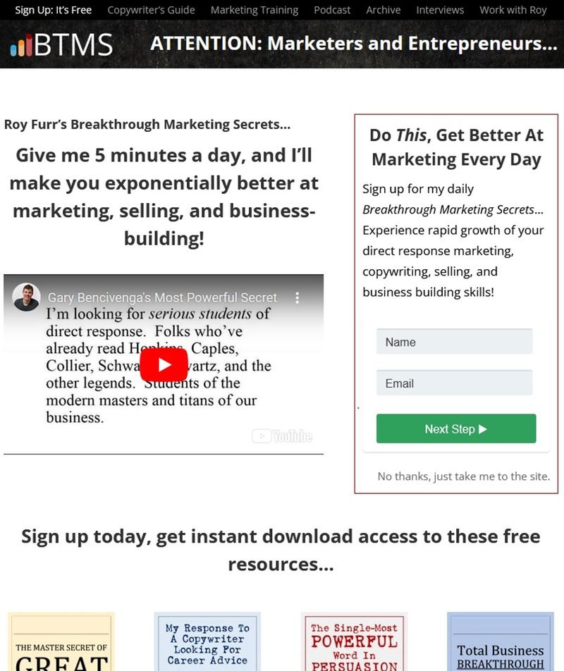 Screen shot of Roy Furr’s website Breakthrough Marketing Secrets