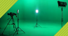 video studio with green screen and lights