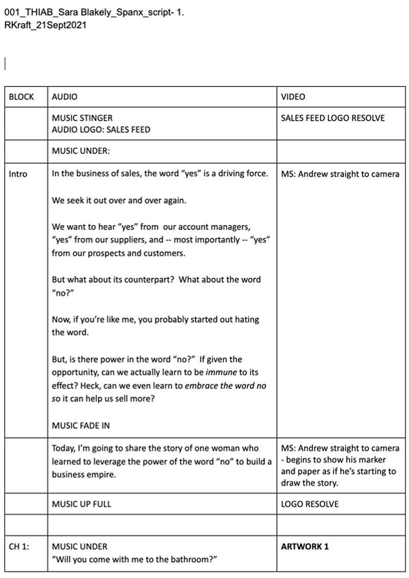 Example of a video script showing how dialogue is written