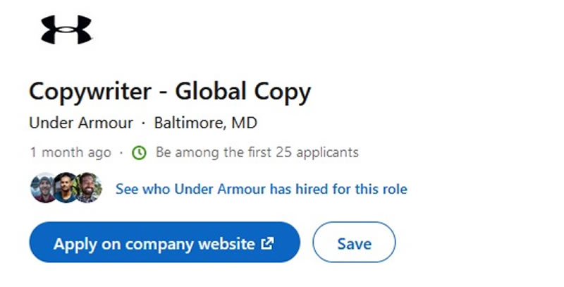 Example of a niche copywriter job posting from Under Armour brand