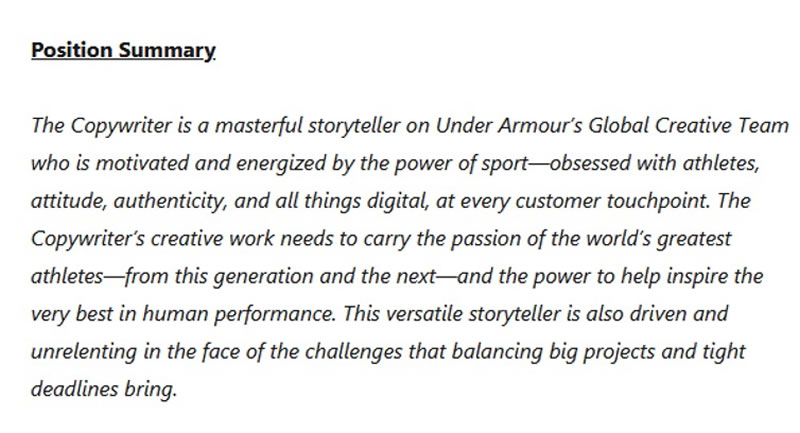 Example of a niche copywriter job posting from Under Armour brand