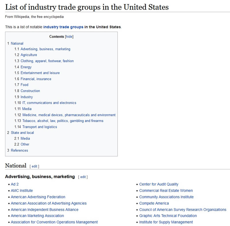 Screen shot of Wikipedia page for US trade associations