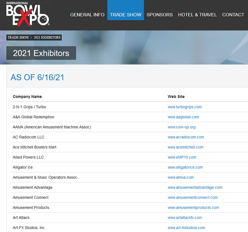 Screen shot of exhibitor list from Bowl Expo’s website