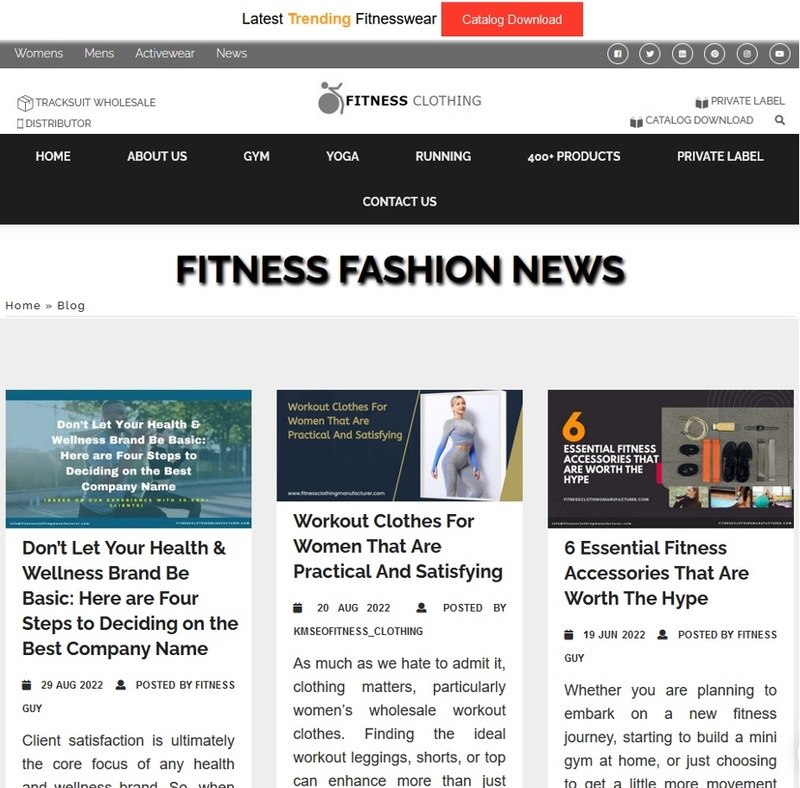 Screen shot of Fitness Clothing’s company blog