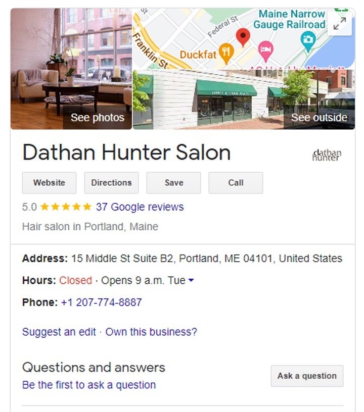 Screen shot of Google’s search results for Dathan Hunter Salon