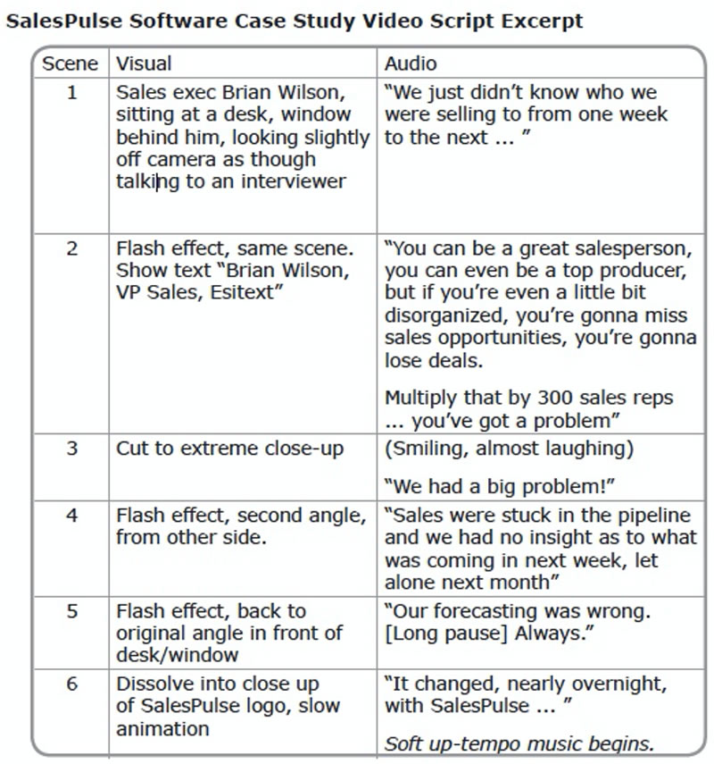 A sample of a video script storyboard written for an AWAI case study