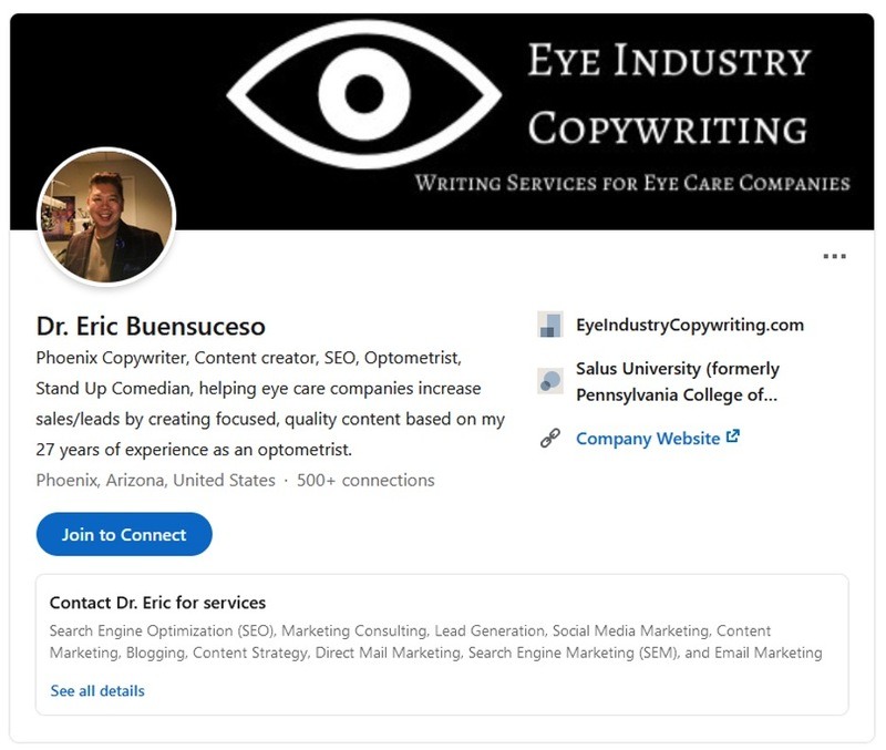 Screen shot of Dr. Eric Buensuceso's LinkedIn profile