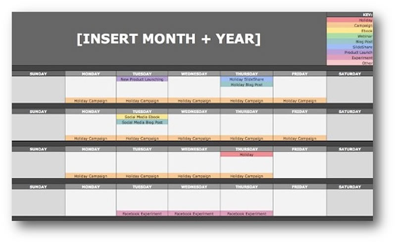 Example of a content calendar, used to map out a content marketing strategy