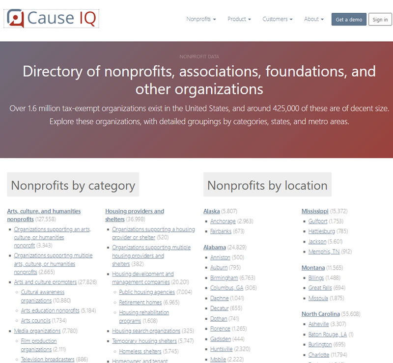 Screen shot of CauseIQ’s nonprofit directory