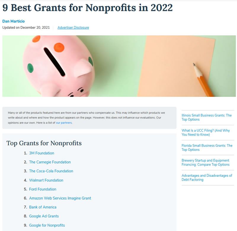 Screen shot of Fundera’s list of 9 best grants for nonprofits