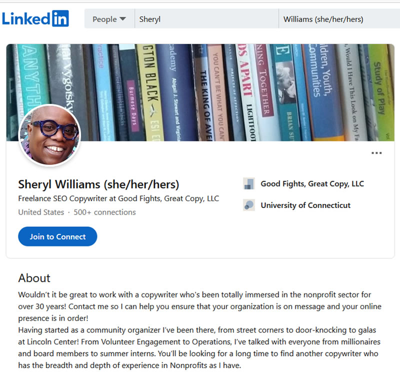 Screen shot of Sheryl Williams’s LinkedIn profile