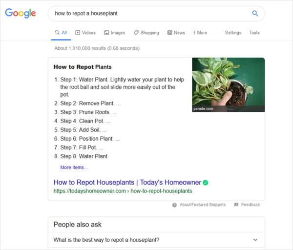 Screenshot of a featured snippet