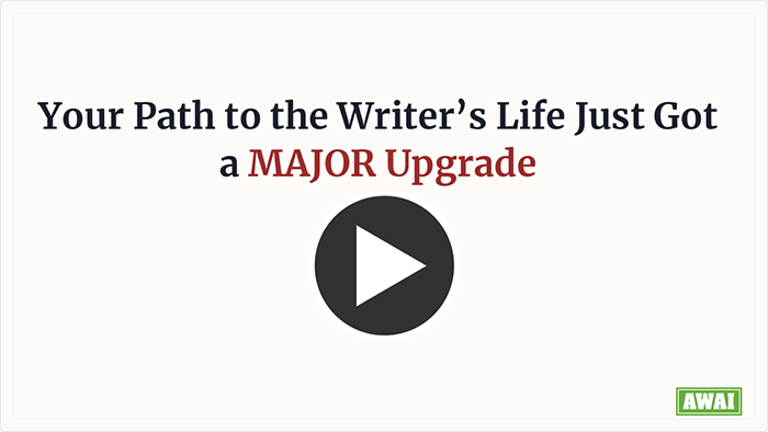 Your Path to the Writer&rsquo;s Life Just Got a Major Upgrade, with a large play button centered below the headline.