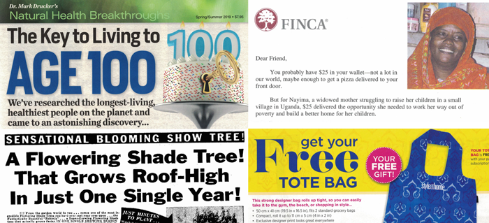 Four snippets from direct-mail packages as examples of copywriting