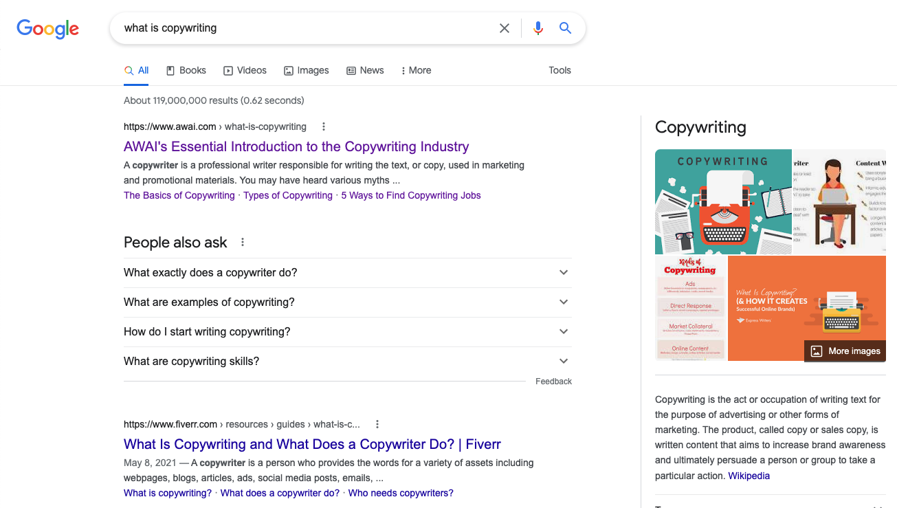 Google search for 'What is copywriting?'.