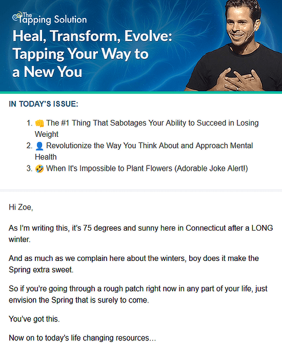 First section of The Tapping Solution’s e-newsletter