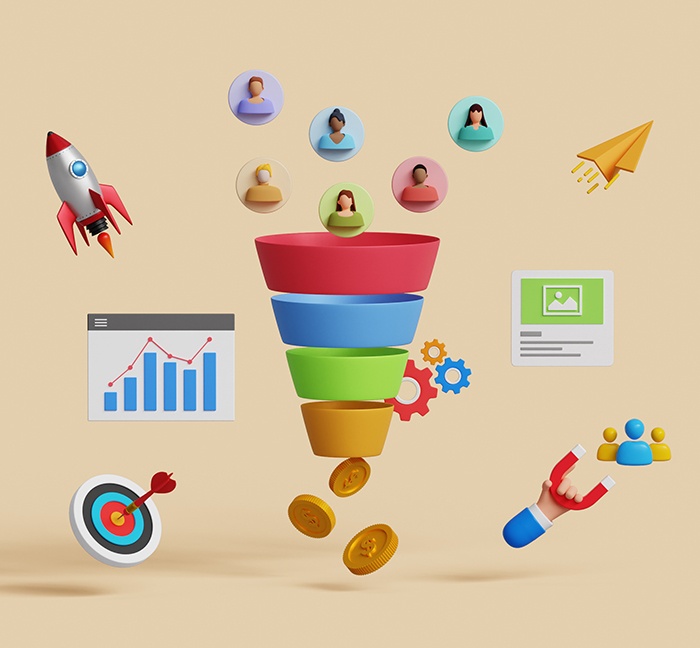 3D illustration of a marketing funnel with stacked colored layers narrowing downward, coins dropping out the bottom, and surrounding icons including a rocket, user avatars, charts, target, gears, content card, and magnet, representing lead generation, conversion, and business growth.