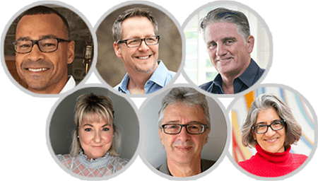 Depicted in order: Ted Capshaw, Brian Clark, Mark Ford, Sandy Franks, Nick Usborne and Ilise Benun