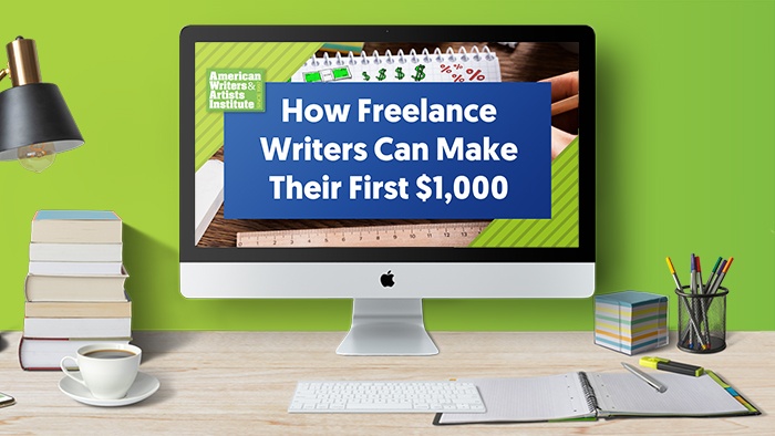 A Macbook on a desk with a presentation on the monitor titled How Freelance Writers Can Make Their First $1,000